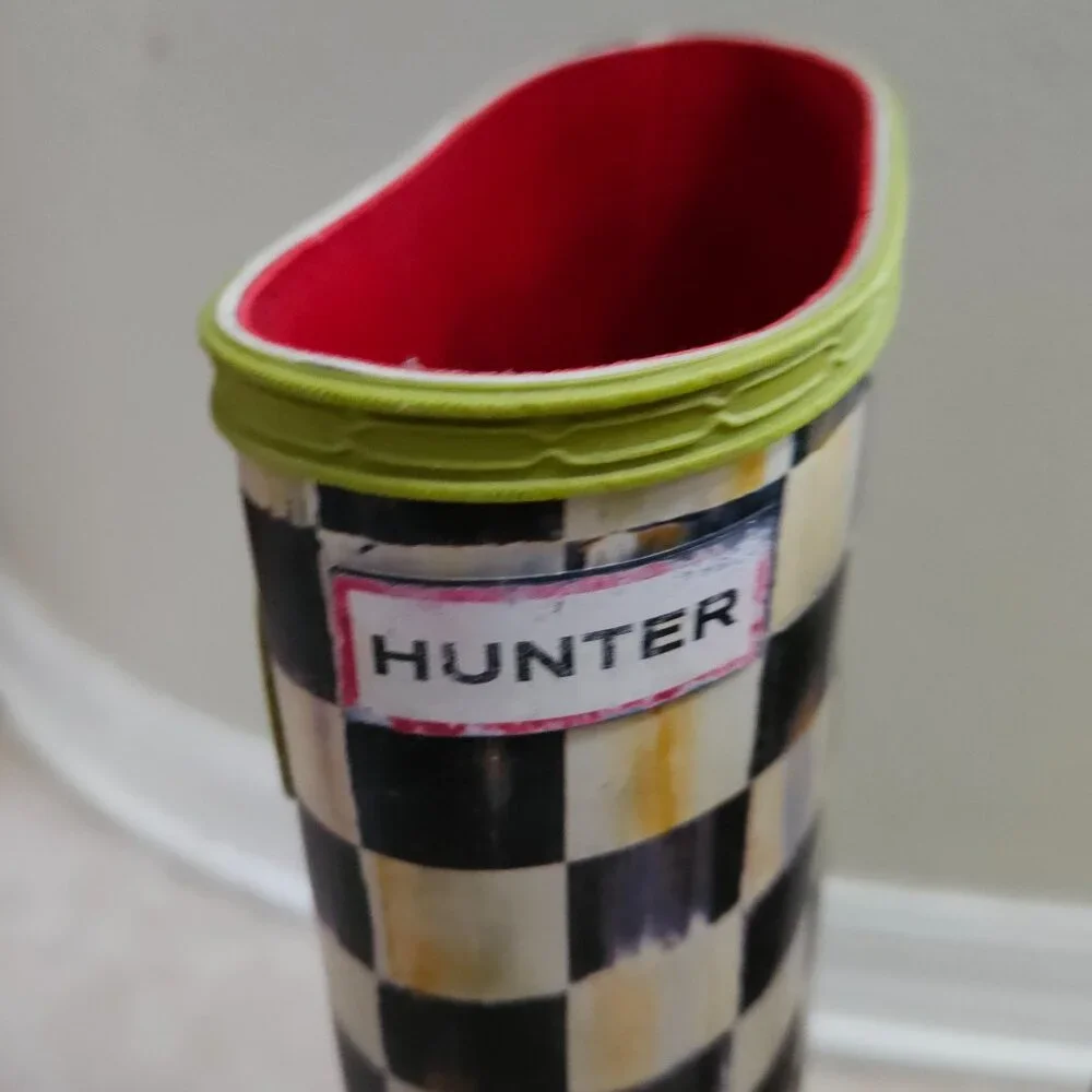VERY RARE MACKENZIE CHILDS HUNTER COURTLY CHECK GREEN TALL RAIN BOOTS WELLIES 8